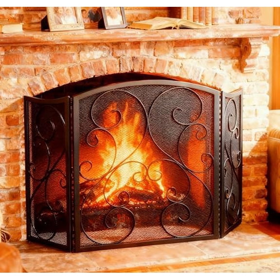 Fireplace Screen 3 Panel Wrought Iron Metal 48"(L) x30(H) Spark Guard Cover(Black)
