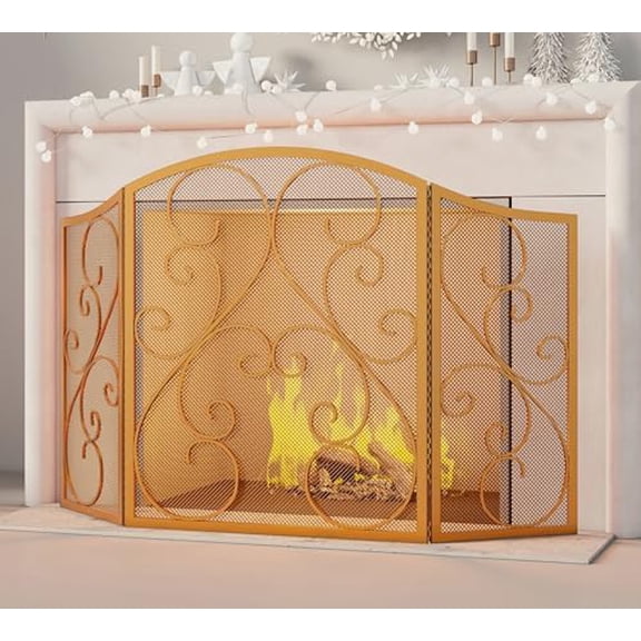 Fireplace Screen 3 Panel Wrought Iron Metal 48"(L) x30(H) Spark Guard Cover(Golden Dusting)