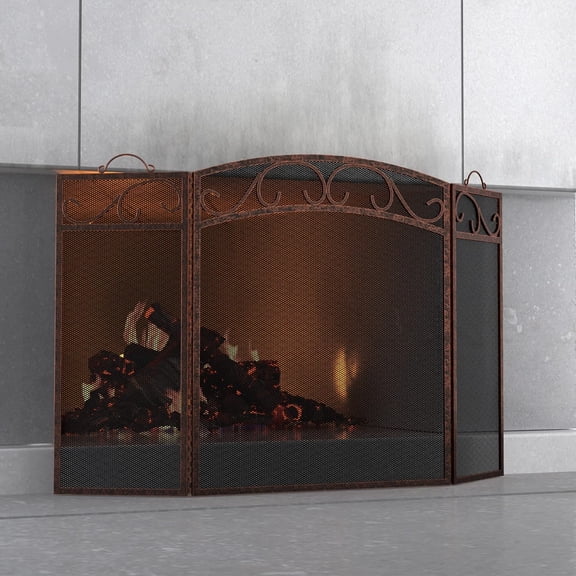 Fireplace Screen 3 Panel with Handles Wrought Iron 51"(L) x31(H) Spark Guard Cover(Brushed Copper)