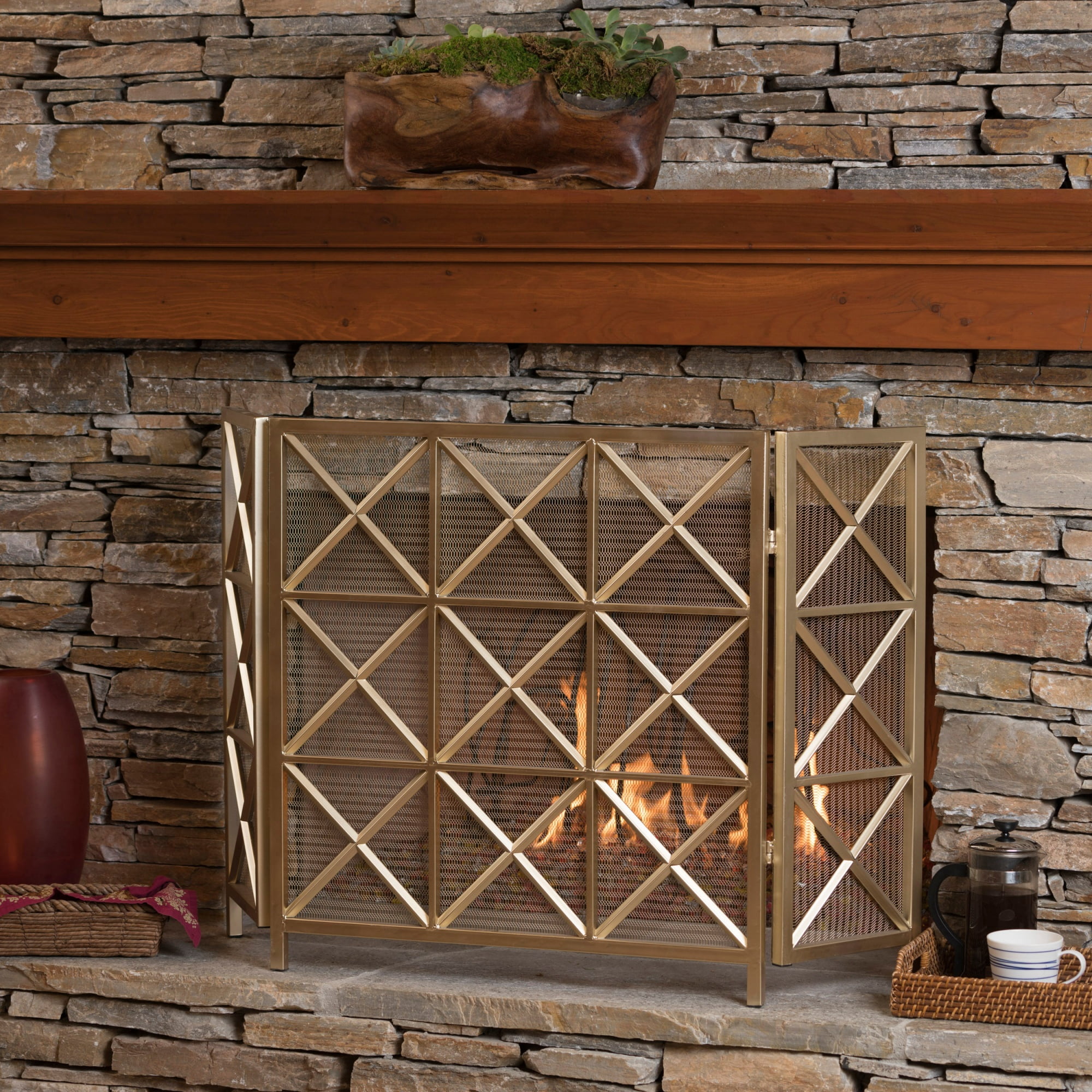 Fireplace Screen 3-Panel with Iron Frame and X-Pattern Design, Indoor ...