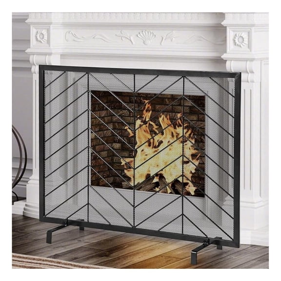 Fireplace Screen, 39 x 31 Inch Single Panel Heavy Duty Fireplace Screens for Wood Burning Fireplace, Modern Decorative Metal Mesh Fire Guard for Indoor & Outdoor (Black)