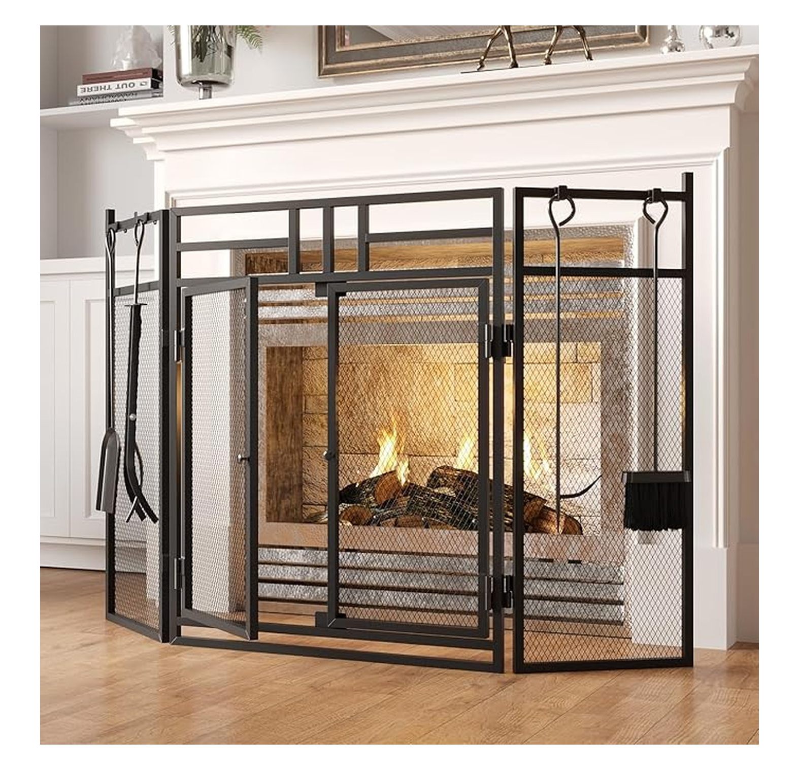 Fireplace Screen with Doors and Tools, 3-Panel Folding Iron Fireplace