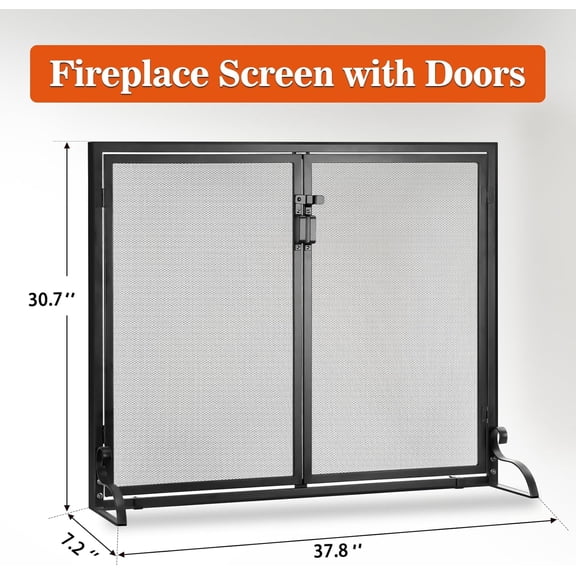 Fireplace Screen with Hinged Doors 37.8" L x 30.7" H with Handles and Secure Lock Handcrafted Wrought Iron Decorative Fire Spark Guard for Living Room Home Decor Powder Coated Black