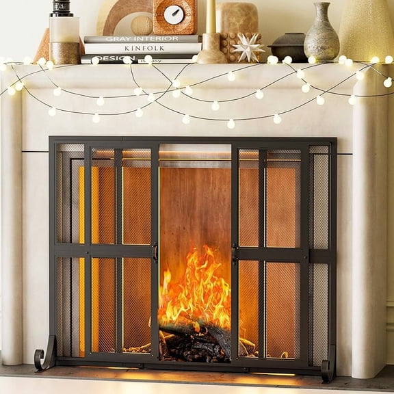 Fireplace Screen with Sliding Doors, 35" W x 28" H Handcrafted Wrought Iron Fire Spark Guard Fire Place Gate Protector for Living Room, Children and Pet Safety(Small)