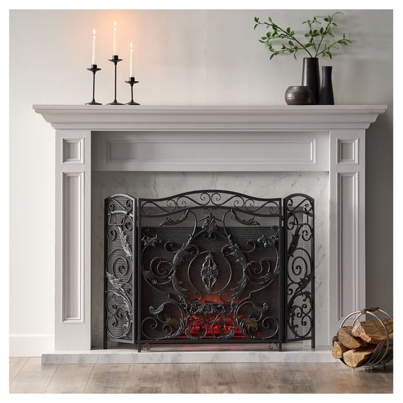 Fireplace Screen Traditional 3 Panel Iron Fireplace Cover - 53.5" Wide Floral Design Safety Spark Guard for Wood Burning Fireplaces