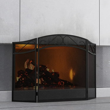 Fireplace Screen for Wood Burning Fireplace Foldable 3 Panel Wrought Iron Fireplace Cover with Protective Mesh Fire Spark Guard for Indoor Outdoor Flat Guard Fire Screens Black(Middle)