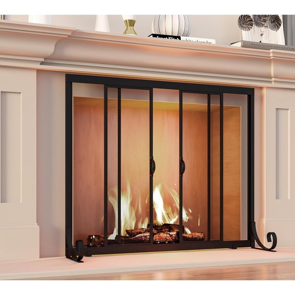 Fireplace Screen, Wrought Iron Mesh, Baby Safe Spark Guard Protector with 2-Doors Large Flat Guard Screens (35 x 28 Inch)