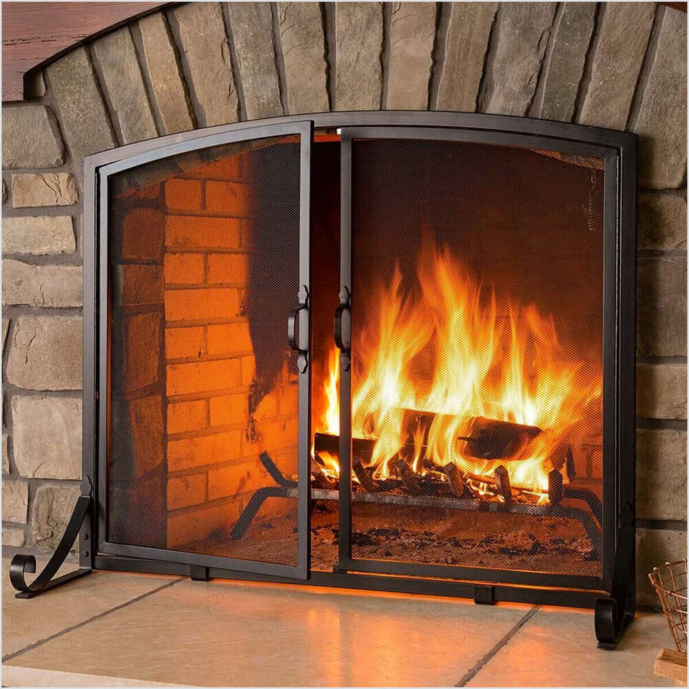 Fireplace Screen with Hinged Two Doors Flat Guard Free