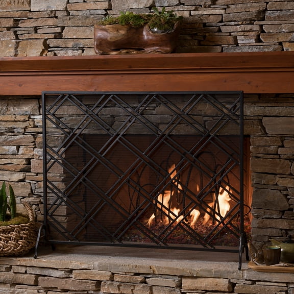 Fireplace Screen with Iron Frame and Panel Design, Indoor Firescreen and Spark Guard for Fireplace Safety, Black