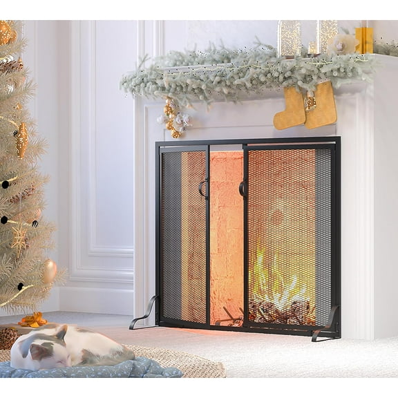 2-Pannel Handcrafted Solid Wrought Iron Decorative Mesh Classic Fire Spark Guard Black 35" D x 11" Wx 28" H, Fireplace Screen with Magnetic Doors
