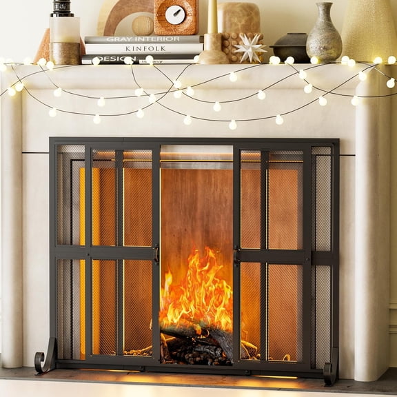 Fireplace Screen with Sliding Doors, Handcrafted Wrought Iron Fire Spark Guard Fire Place Gate Protector for Living Room, Children and Pet Safety