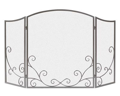 Antique Iron Three-Panel Scroll Fireplace Screen with Mesh