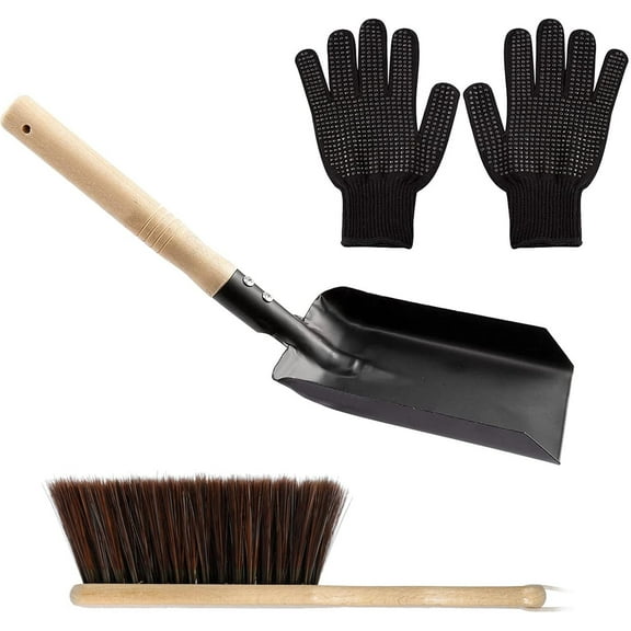 Fireplace Shovel - Fireplace Cleaning Tools | Wooden Handle Metal with Gloves, Coal Shovel Chimney Brush Kit for Dust Sweeping Maintenance Outdoor Wood Stove Coal Campfire