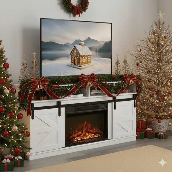 UHOMEPRO Fireplace TV Stand with 23" Fireplace TVs up to 65 inches, 58" Modern Farmhouse TV Media Stand, Large Barn Inspired Home Entertainment Console, Open Shelves, Closed Cabinets(Natural Brown)