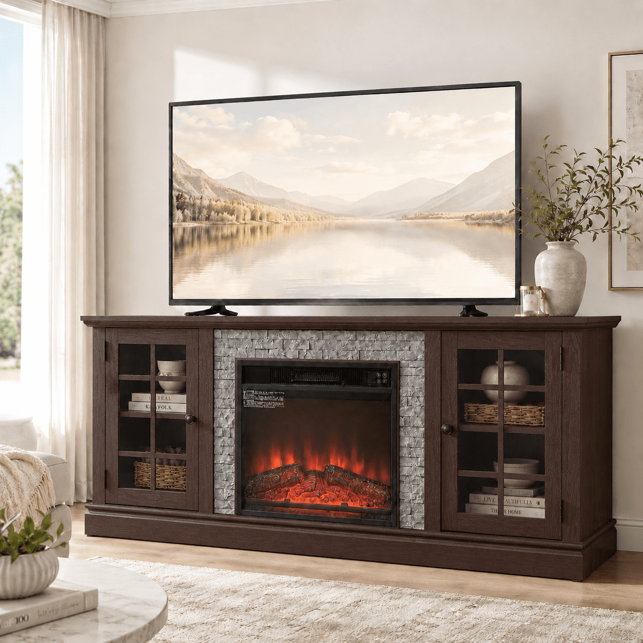 Electric Fireplace TV Stand for 65″ TVs, UHOMEPRO Fireplace Entertainment Center TV Console Table with 18″ Fireplace, 2-Door Storage Cabinets, Holds up to 200 lbs, Cherry