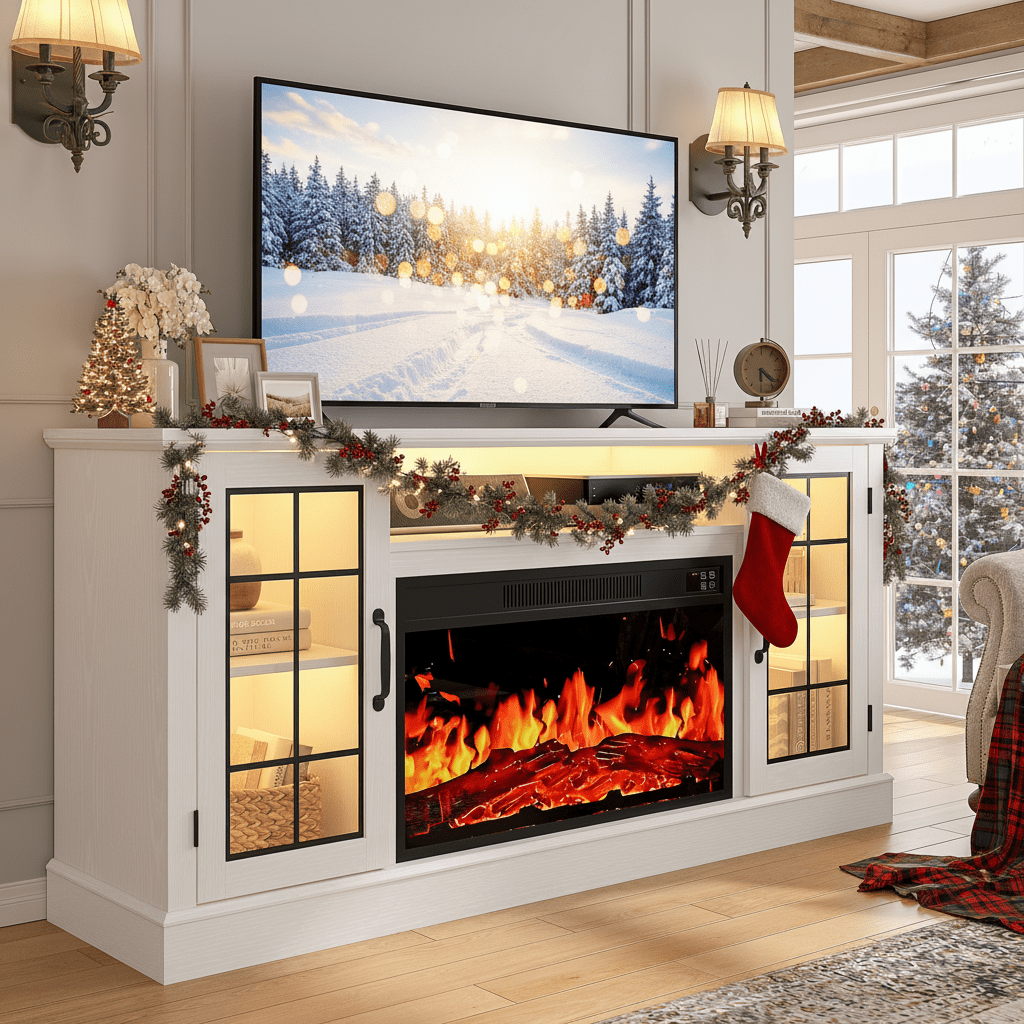 Electric Fireplace TV Stand for 65″ TVs, UHOMEPRO Fireplace Entertainment Center TV Console Table with 18″ Fireplace, 2-Door Storage Cabinets, Holds up to 200 lbs, Cherry
