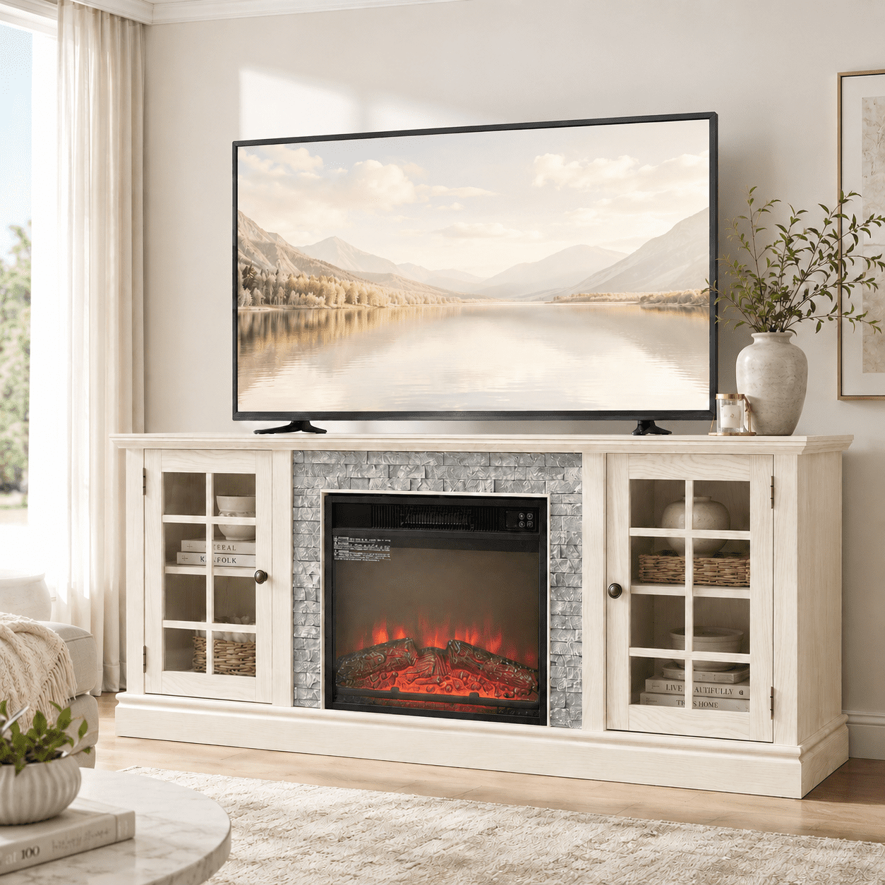 Electric Fireplace TV Stand for 65″ TVs, UHOMEPRO Fireplace Entertainment Center TV Console Table with 18″ Fireplace, 2-Door Storage Cabinets, Holds up to 200 lbs, White