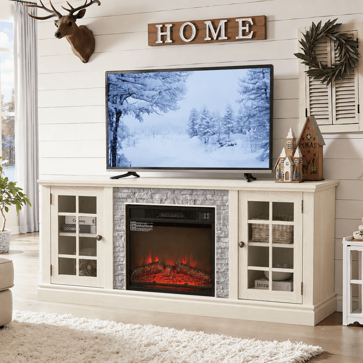 UHOMEPRO Fireplace TV Stand for TVs up to 75", White Large Entertainment Center with 23" Electric Fireplace for Living Room, 70" Modern TV Stand with 2-Door Storage