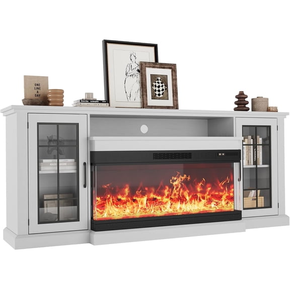 Fireplace TV Stand with 3-Sided Glass, Adjustable LED Flame, Glass Doors & Storage Shelves, Modern Farmhouse Entertainment Center for TVs Up to 85", Electric Fireplace Console Table for Living Room