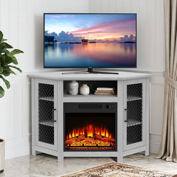 Farmhouse 45-Inch Electric Corner Fireplace TV Stand for TVs up to 55", Media Console Table with Adjustable Shelves, Metal Mesh Design