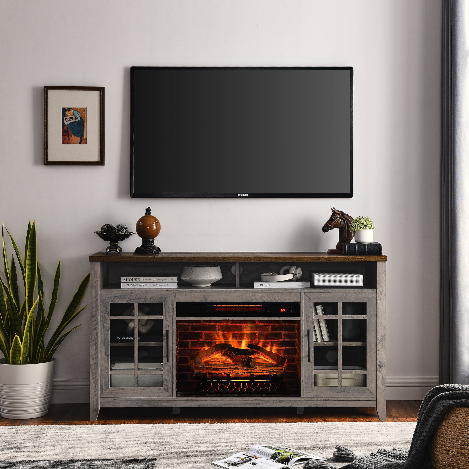 Fireplace TV Stand with 55" Electric Fireplace, Farmhouse Entertainment