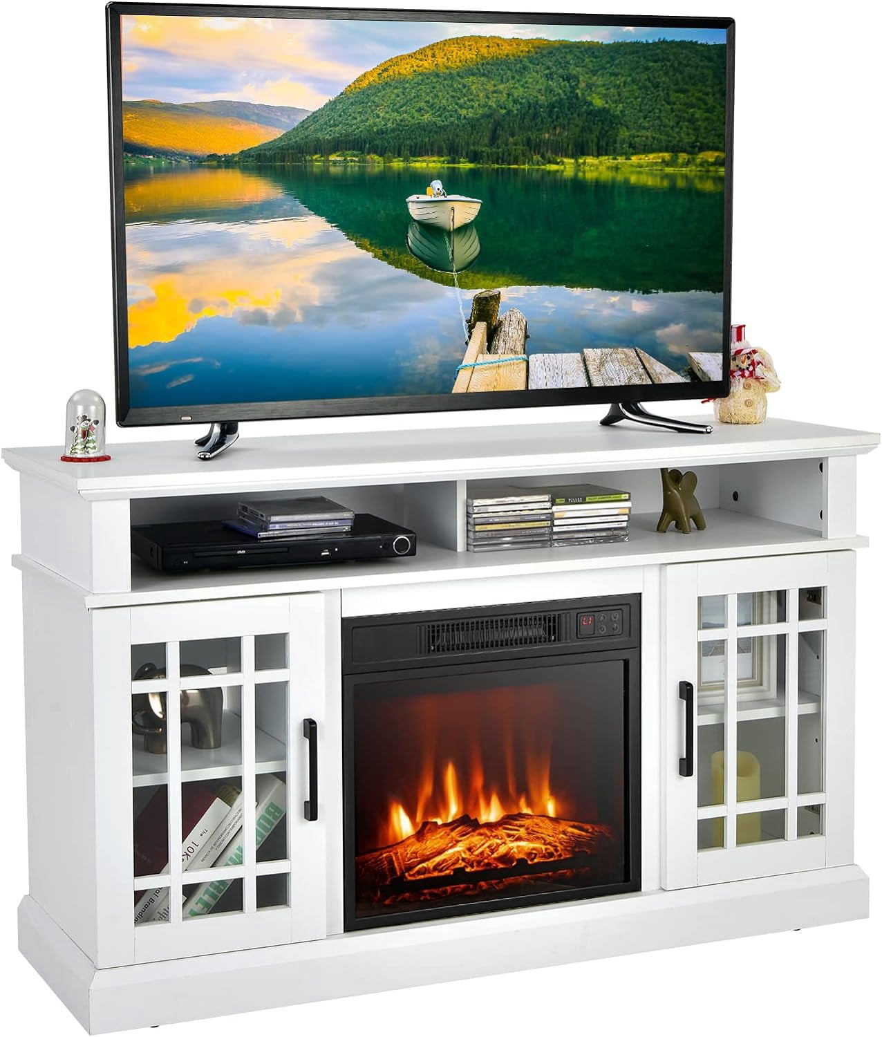 Fireplace TV Stand for TV up to 55 Inches, Freestanding Wood