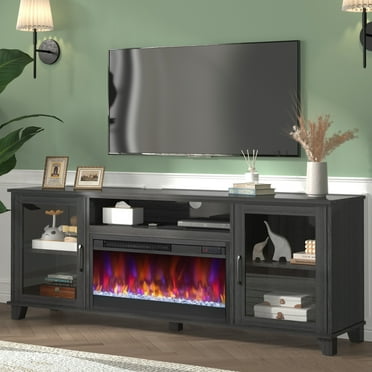 Fireplace TV Stand for 60 inch TV, Modern Entertainment Center With Glass Fireplace, Electric Fireplace TV Cabinet for Living Room, with Remote Control Fireplace, Black
