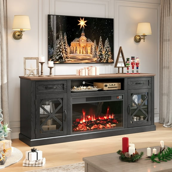 Fireplace TV Stand for 80 inch TVs, PAPROOS 70in TV Stand with 30in Fireplace, Farmhouse Entertainment Center for Living Room, 500Sqt Heating Area, Brown&Black