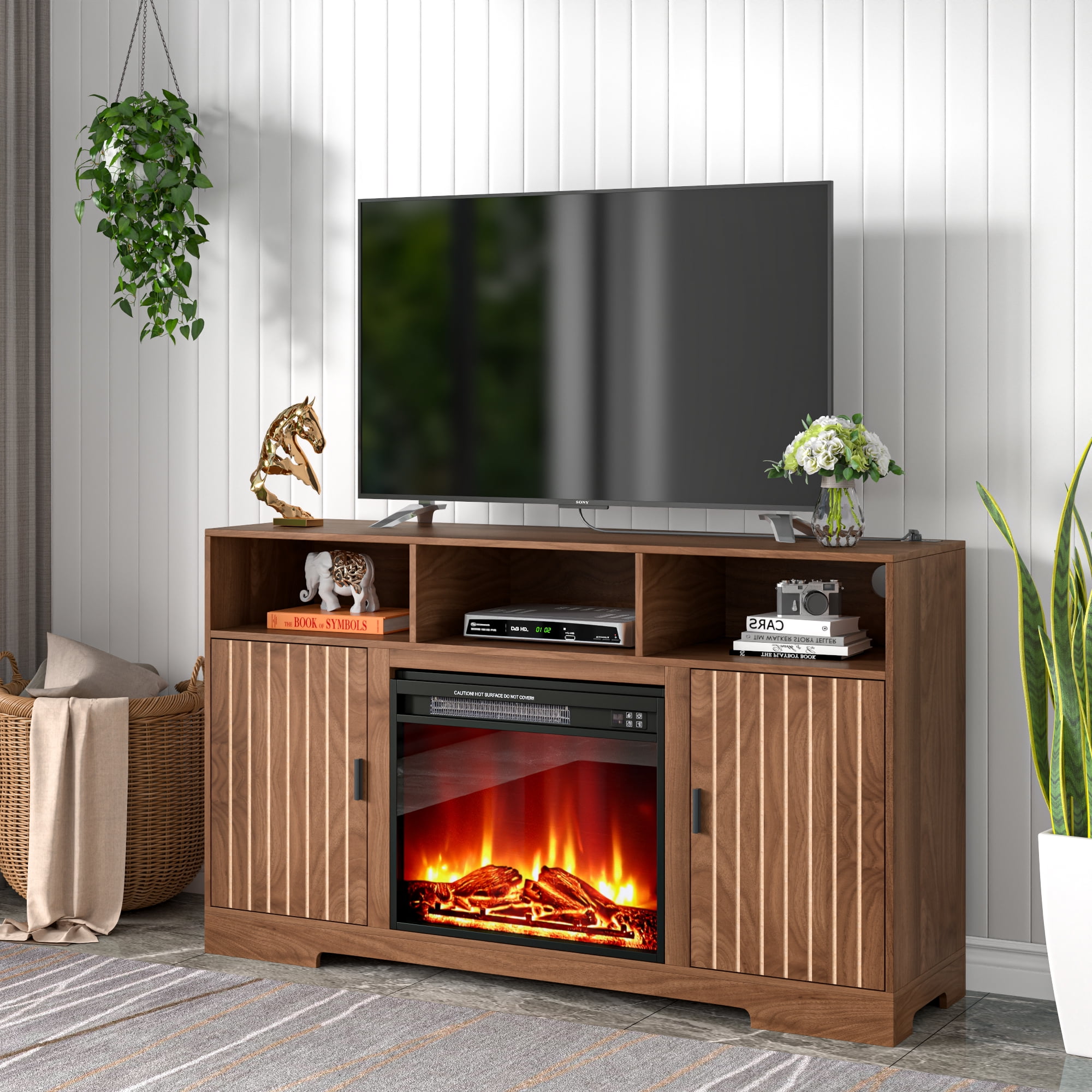 Fireplace TV Stand for 65 Inch TV, Farmhouse Entertainment Center with 23" Electric Fireplace ...