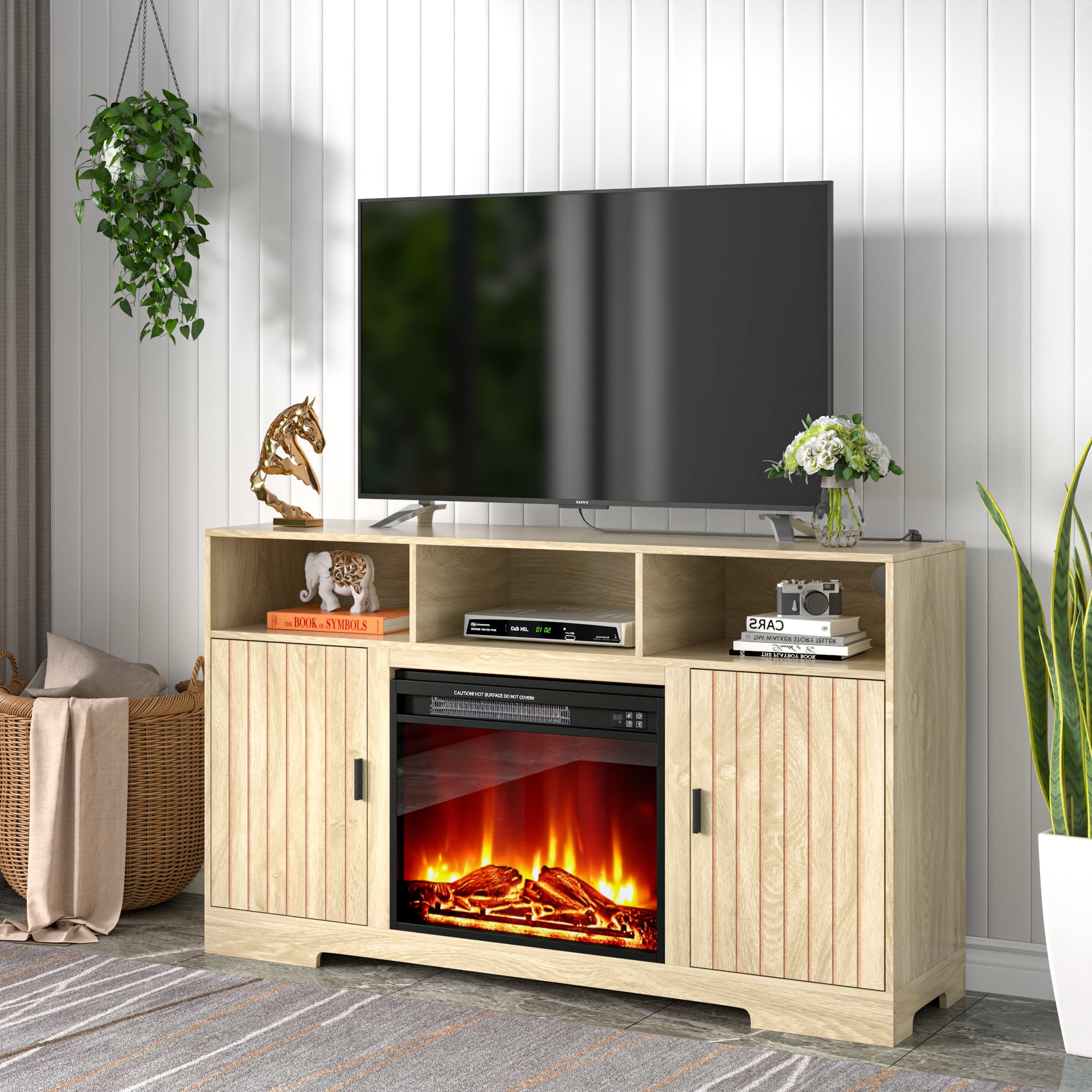 Fireplace TV Stand for 65 Inch TV, Farmhouse Entertainment Center with ...