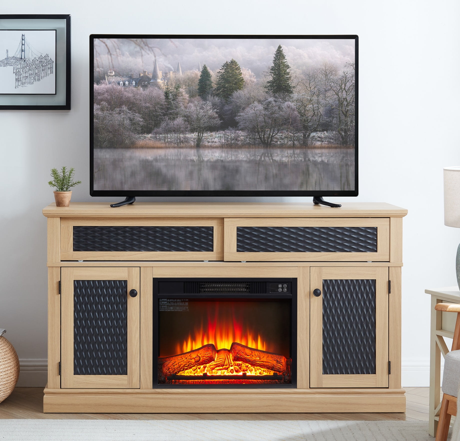 Fireplace TV Stand for 65 Inch TV, Farmhouse Entertainment Center with ...