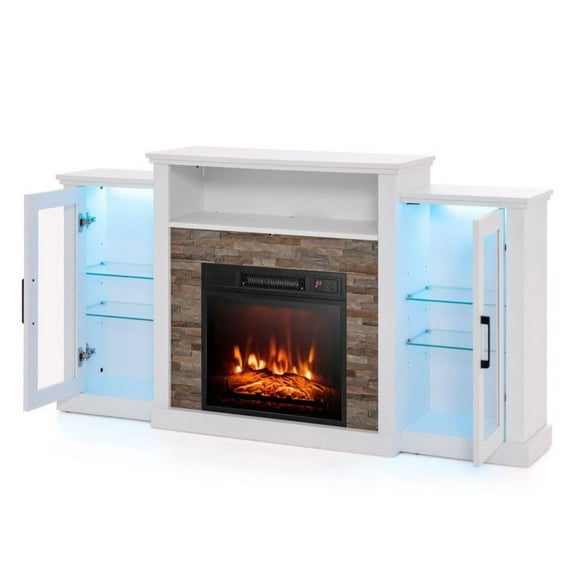Fireplace TV Stand 65 Inch with LED Lights, Electric Log Fireplace Insert, Modern Media Console for Living Room, White/Brown