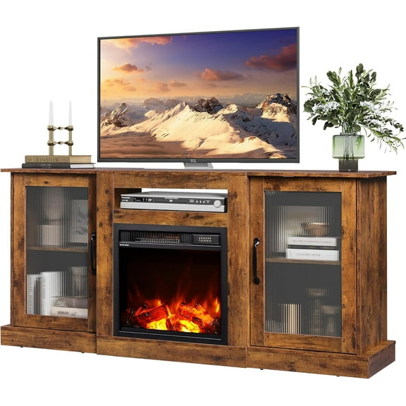 Fireplace TV Stand for 65" TV, Entertainment Center with 3D Realistic Flame Electric Fireplace, TV Console with Open Shelves for Living Room, Rustic Brown