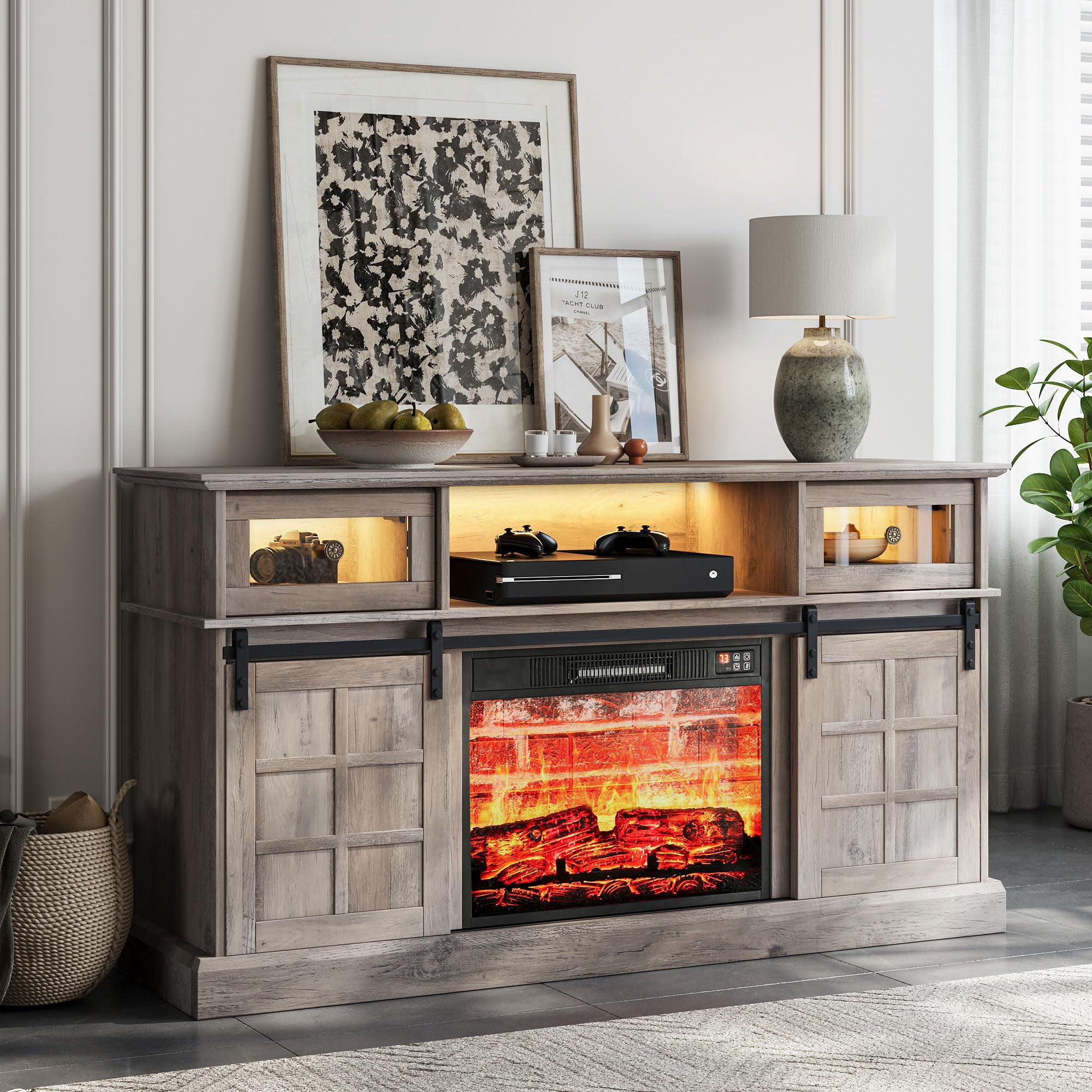 Fireplace TV Stand for 65" TV with LED Lights, Modern Wood ...