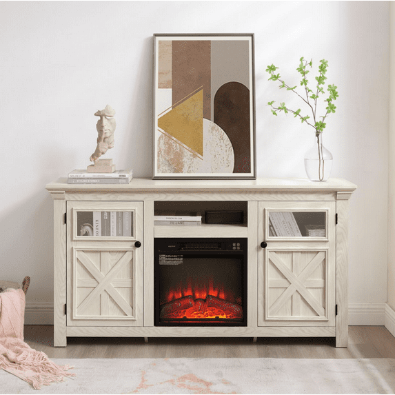 Fireplace TV Stand for 65" TVs, Farmhouse Media Console with 18" Fireplace Insert, Fireplace Mantel with 2 Barn Doors and Storage Cabinets, Suitable for Living Room