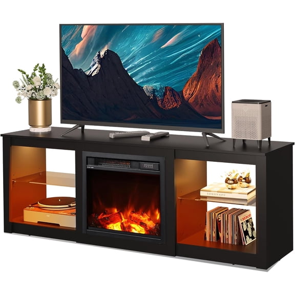 Fireplace TV Stand for up to 65 inch TVs, Modern LED Entertainment Center with Electric Fireplace Heater & Adjustable Glass Shelves, Sturdy Media Console for Living Room, Bedroom,Gaming (Black)