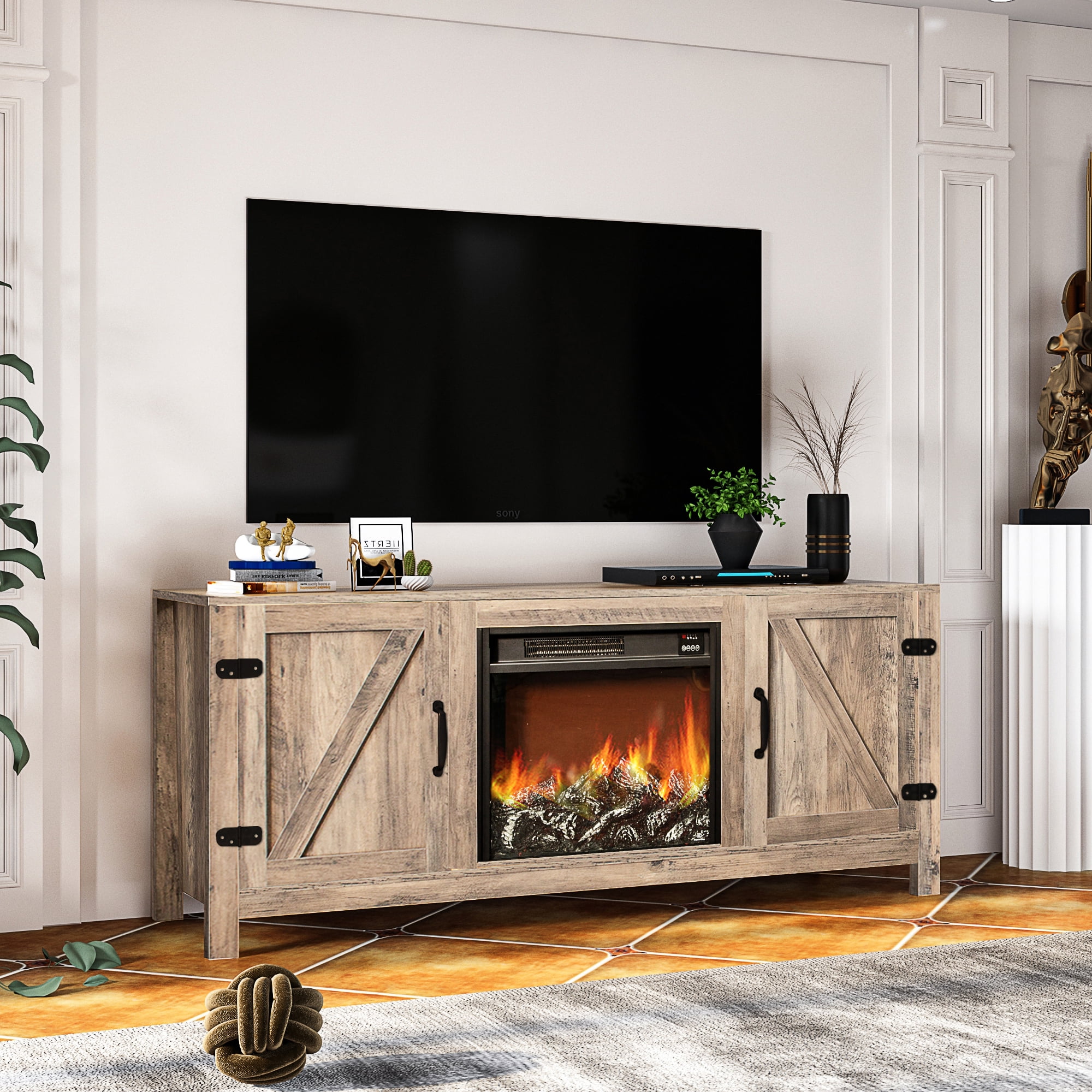 Fireplace TV Stand for TV up to 65 inches, Wood Electric Fireplace TV Console Table Stand with Storage, Home Living Room Entertainment Center Media Console, Rustic Brown, 58"L x 16"W x 25"H