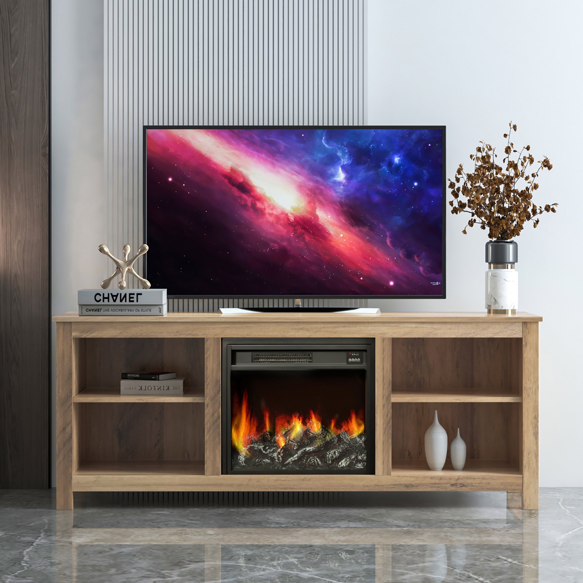 Fireplace TV Stand for TV up to 65 inches, Wood Electric Fireplace TV  Console Table Stand with Storage Open Shelves, Home Living Room  Entertainment Center, Rustic Oak, 58L x 16W x 24H -