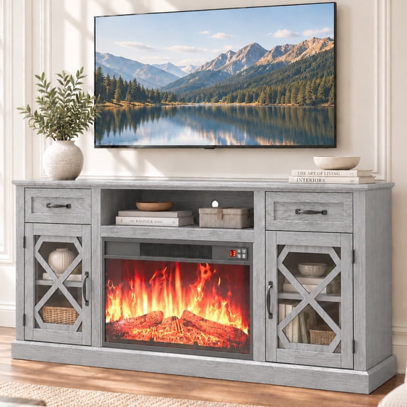 LEGAHOME Gray Fireplace TV Stand for 65 inch TV, Farmhouse 59in Entertainment Center with 23in Electric Fireplace, 2 Drawers and Glass Door, for 400Sqt Heating Area