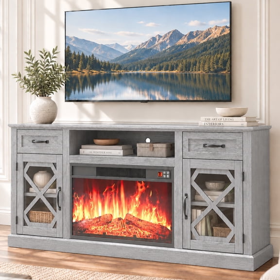 LEGAHOME Gray Fireplace TV Stand for 65 inch TV, Farmhouse 59in Entertainment Center with 23in Electric Fireplace, 2 Drawers and Glass Door, for 400Sqt Heating Area