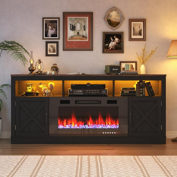 Fireplace TV Stand for 70/75/80 Inch TV with 36" Electric Fireplace, 70" Farmhouse Entertainment Center with LED Lights, Tall Media Console with Barn Door for Living Room, Bedroom