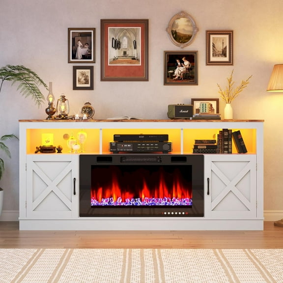 Fireplace TV Stand for 70/75/80 Inch TV with 36" Electric Fireplace, 70" Farmhouse Entertainment Center with LED Lights, Tall Media Console with Barn Door for Living Room, Bedroom