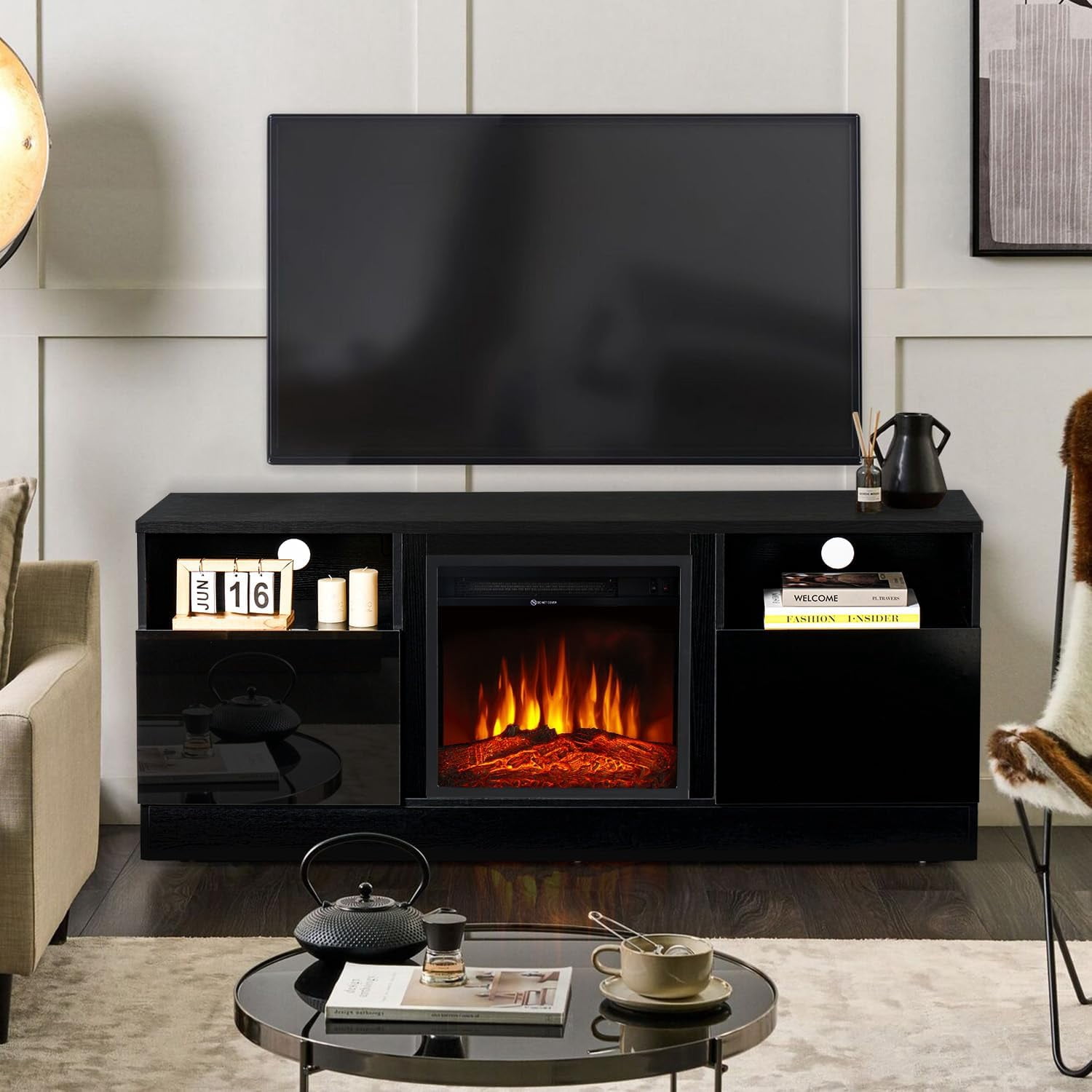 Fireplace TV Stand for 75'' TV 65 Inch Modern TV Cabinet with 18 Inch ...
