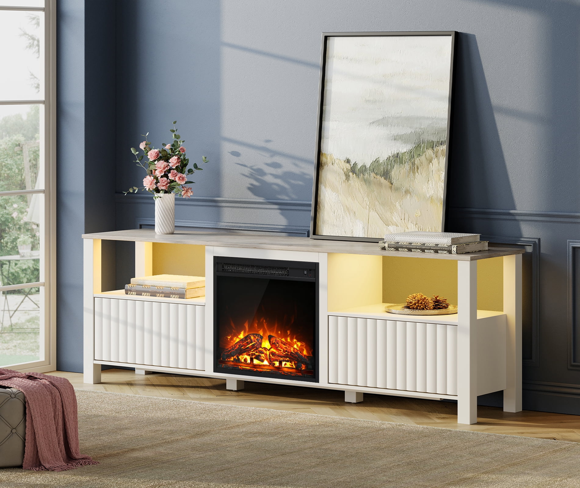 Fireplace TV Stand for 75 inch TV with Yellow LED Light, White TV Console Table with Storage Cabinets, Television Stands for Living Room, Bedroom, Dorm