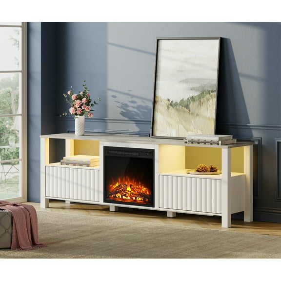 Fireplace TV Stand for 75 inch TV with Yellow LED Light, White TV Console Table with Storage Cabinets, Television Stands for Living Room, Bedroom, Dorm