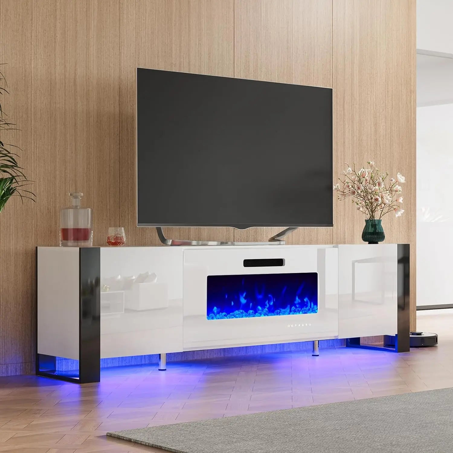 Fireplace TV Stand 80" Modern High Gloss Entertainment Center LED
