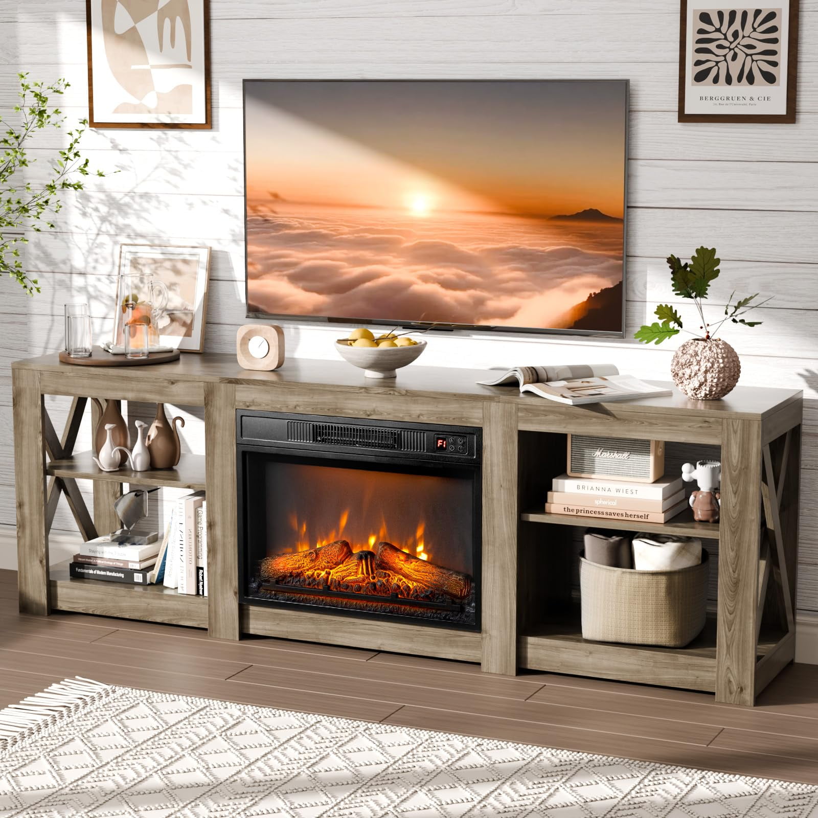 Fireplace TV Stand for up to 80 inch TVs, Farmhouse Entertainment Center with Electric Fireplace Heater & Adjustable Shelves, Fireplace Media Console Table for Living Room, Gray Oak