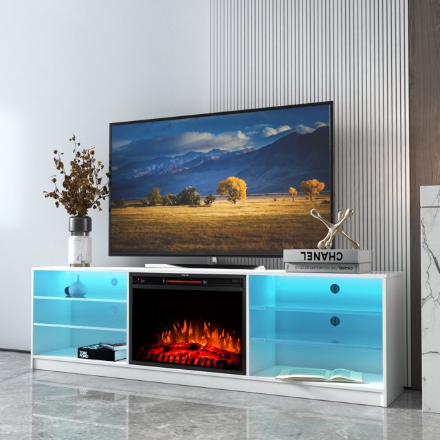 Fireplace TV Stand for 85 Inch TV, 79'' Modern TV Stand with 26'' Electric Fireplace LED TV