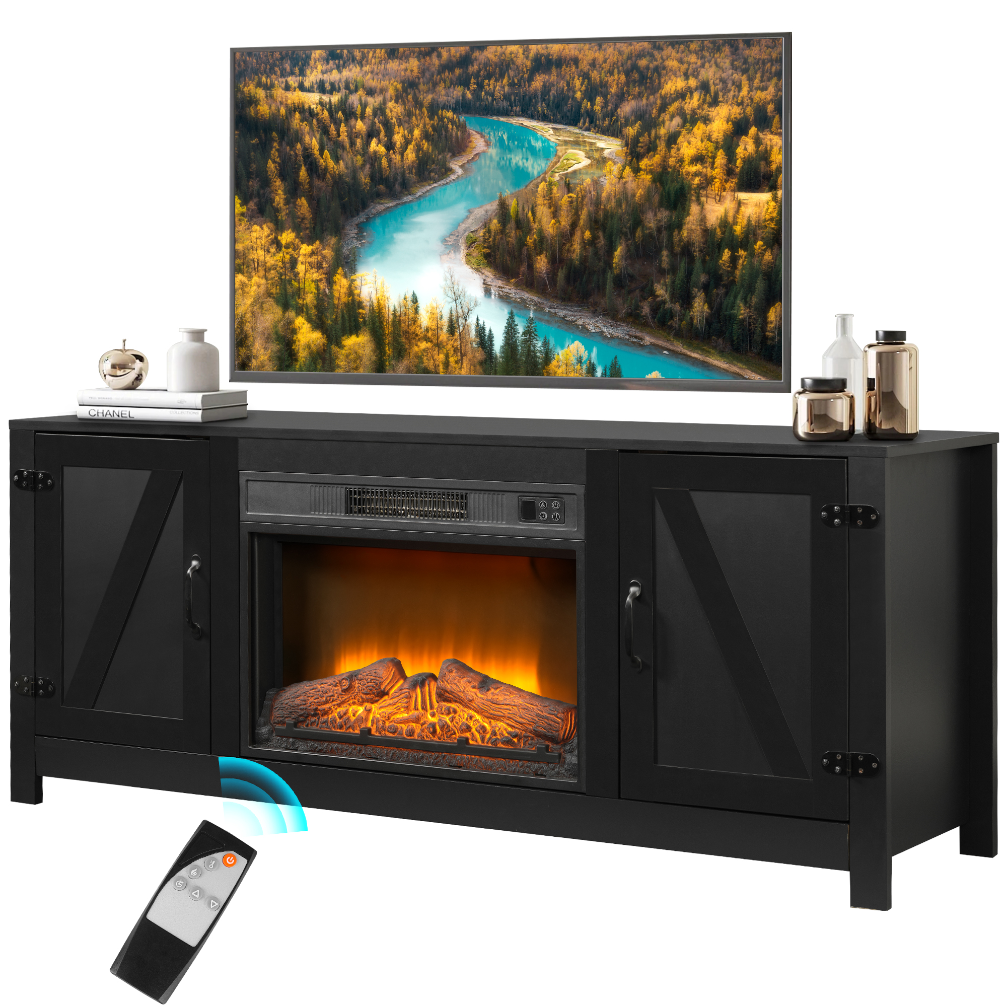 Fireplace TV Stand with Barn Door, for TVs up to 65 inches
