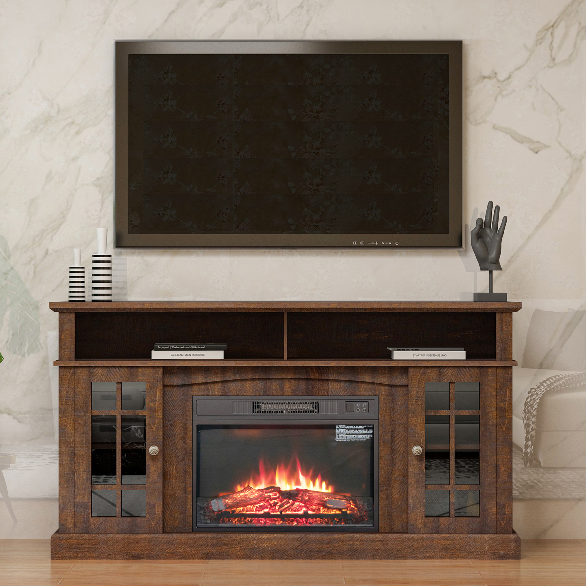 Fireplace TV Stand with Barn Door, for TVs up to 65 inches